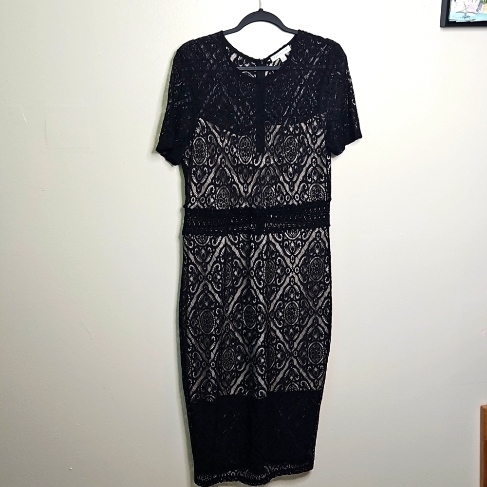 Socialite Black Cream Lace Bodycon Dress X Large EUC
